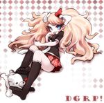  anger_vein black_legwear blue_eyes bow bunny_hair_ornament copyright_name danganronpa danganronpa_1 enoshima_junko feet freckles hair_bow hair_ornament ikusaba_mukuro kneehighs kuo long_hair looking_at_viewer lying monokuma necktie pink_hair school_uniform skirt socks solo twintails 