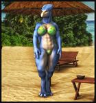  abs anthro beach bikini blue_skin breasts dinosaur female lizard muscles musclular_female reptile scalie seaside tight_clothing xrayzebra4 yellow_eyes 