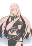  akinbo_(hyouka_fuyou) bare_shoulders blue_eyes breasts crossed_arms headset highres long_hair looking_up medium_breasts megurine_luka midriff navel pink_hair skirt solo tattoo very_long_hair vocaloid 