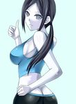  bare_shoulders black_hair breasts butt_crack capri_pants empty_eyes from_behind grey_eyes hand_on_hip large_breasts long_hair looking_back megane_man pants ponytail smile solo spandex tank_top thumbs_up white_skin wii_fit wii_fit_trainer 