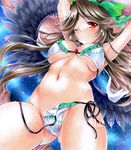  armpits arms_up at_classics bikini bikini_pull black_hair black_wings bow breasts cape cleavage hair_bow long_hair looking_at_viewer marker medium_breasts navel reiuji_utsuho sample side-tie_bikini smile solo swimsuit third_eye touhou traditional_media underboob untied wings 