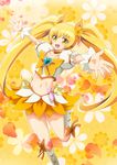  blonde_hair boots bow brooch choker cure_sunshine earrings floral_background hair_ribbon heart heartcatch_precure! jewelry knee_boots long_hair magical_girl midriff myoudouin_itsuki navel open_mouth orange_bow orange_choker outstretched_arms precure ribbon skirt smile solo third_love twintails wrist_cuffs yellow_background yellow_bow yellow_eyes 