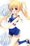  blonde_hair blue_legwear blush bow cheerleader collarbone fate_testarossa hair_bow highres long_hair lyrical_nanoha mahou_shoujo_lyrical_nanoha midriff navel open_mouth pom_poms raiou red_eyes shoes skirt sleeveless sneakers socks solo twintails white_background 