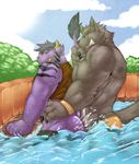  abs anal anal_penetration anthro back biceps big_muscles canine clothing cum cum_in_ass cum_inside dragon from_behind fur gay huge_muscles interspecies male mammal muscles outside pecs penetration pool purple_dragon rikitsu rikitsu_(character) sex shirt standing tank_top topless water wet wolf 