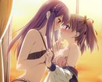  2girls bare_shoulders blue_eyes blush bra brown_hair dengeki_moeoh dengeki_moeou eye_contact highres long_hair looking_at_another multiple_girls open_clothes open_shirt panties peko purple_eyes purple_hair red_eyes ribbon ribbons school_uniform shirt short_hair underwear undressing window yuri 