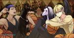  afghan_hound aomine_daiki bad_id bad_pixiv_id basketball blonde_hair blue_eyes blue_hair character_name dark_skin dark_skinned_male dog hachini hair_ornament hairclip headband kise_ryouta kuroko_no_basuke multiple_boys yellow_eyes 