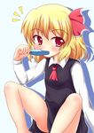  blonde_hair blush eating food hair_ribbon hat ice_cream red_eyes ribbon rumia short_hair solo thighs touhou witch_hat yakumo_nanahara 