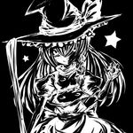  black_background bow broom greyscale guuchama hat kirisame_marisa mini-hakkero monochrome ribbon smile solo star touhou witch_hat 