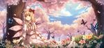  blonde_hair bow bug butterfly capelet cherry_blossoms cloud cloudy_sky dress field flower flower_field grass hat hat_ribbon highres insect lily_white long_hair long_sleeves petals red_eyes ribbon sitting sky smile touhou tree white_dress wings yezhi_na yokozuwari 