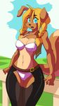  blonde_hair blue_eyes bra breasts brown_fur camel_toe canine chest_tuft cowboy_outfit edit female fur hair las_lindas looking_at_viewer mammal open_mouth pose smile solo string_panties sunny_(chalo) tuft underwear 