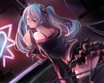  blue_hair bra_strap chain cuffs green_eyes handcuffs hatsune_miku honey_whip_(module) long_hair looking_back project_diva_(series) project_diva_f shinyujinatsume skirt solo sweet_devil_(vocaloid) thighhighs twintails vocaloid 