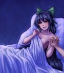  afterglow bed bed_sheet black_hair blush bow breasts dark_room hair_bow holding_hands interlocked_fingers long_hair looking_at_viewer lying medium_breasts monorus out_of_frame pillow pov pov_hands red_eyes reiuji_utsuho smile touhou under_covers very_long_hair 