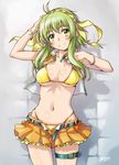  2013 belt bikini bikini_under_clothes blush bracelet breasts cowboy_shot cropped_jacket dated green_eyes green_hair grey_background gumi hair_ribbon hand_on_own_head jacket jewelry looking_at_viewer medium_breasts miniskirt navel open_clothes open_fly open_jacket pleated_skirt ribbon sameha_ikuya shadow shiny shiny_skin signature skirt smile solo string_bikini swimsuit swimsuit_under_clothes thigh_strap unbuckled_belt undressing unzipped vocaloid yellow_bikini yellow_ribbon 