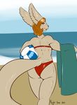  ball beach big_ears bikini brown_eyes brown_hair butt canine clothing female fennec fox freckles fur grey_fur hair looking_at_viewer looking_back mammal muscles muscular_female nightfaux outside pink_nose seaside short_hair solo swimsuit thighs tight_clothing towel water 