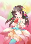  bad_id bad_pixiv_id bare_shoulders blush braid brown_eyes dress flower food fruit hair_flower hair_ornament idolmaster idolmaster_cinderella_girls long_hair looking_at_viewer on_flower oversized_object smile solo strawberry tachibana_arisu thighhighs thumbelina zinczinc_ka 