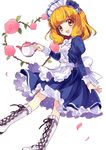  :d blonde_hair blue_dress boots bow cross-laced_footwear dress flower frilled_dress frills hairband heart holding kise_yayoi knee_boots lace-up_boots looking_at_viewer maid maid_headdress open_mouth petals precure ribbon rose rose_petals simple_background smile smile_precure! solo teapot thorns white_background white_hairband yellow_eyes yukiwo 