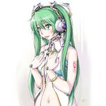  alternate_costume bracelet breasts cable green_eyes green_hair hands_on_own_chest hatsune_miku hatsune_miku_(append) headgear headphones jewelry light_smile long_hair medium_breasts navel neck_ring no_bra open_clothes open_shirt sameha_ikuya shirt sleeveless sleeveless_shirt solo twintails vocaloid vocaloid_append white_background 