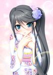  black_hair blue_eyes blush flower hair_ornament hataraku_maou-sama! highres japanese_clothes kamazuki_suzuno kimono long_hair looking_at_viewer rose side_ponytail smile solo taremechan 