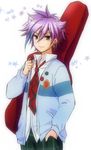  earrings grey_eyes guitar_case highlights hiiragi_jun instrument_case jewelry male_focus multicolored_hair necktie onegai_my_melody purple_hair school_uniform smile solo yuumare 