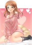  1girl bad_id bad_pixiv_id bare_shoulders blush bottomless brown_eyes brown_hair earrings heart houjou_karen idolmaster idolmaster_cinderella_girls jewelry long_hair necklace off-shoulder_sweater open_mouth ribbed_sweater sitting smile solo sweater wariza 