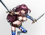  arm_guards armor belt beltskirt bikini_armor boots breasts burunuu_(bullnukko) cleavage dual_wielding foreshortening greaves green_eyes holding large_breasts long_hair open_mouth original outstretched_arms purple_hair solo spread_arms sword two_side_up very_long_hair wavy_hair weapon 