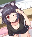  1girl all_fours animal_ears bang_dream! bangs bed black_shirt blush breasts cat_ears cleavage collar downblouse hair_flaps hand_up indoors kemonomimi_mode looking_at_viewer medium_breasts no_pants one_eye_closed paw_pose pillow red_collar red_eyes shirt short_hair short_sleeves solo tamaguu_(lanev0) ushigome_rimi 