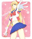  aino_minako bishoujo_senshi_sailor_moon blonde_hair blue_eyes blue_sailor_collar bow foreshortening gloves long_hair magical_girl mask midriff red_bow sailor_collar sailor_senshi_uniform sailor_v satsukiwarusa skirt solo standing white_gloves 