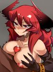  areolae bangle black_gloves borrowed_character bracelet breast_squeeze breasts curly_hair demon_girl elbow_gloves gloves horns jewelry large_breasts licking_lips long_hair maou_beluzel nada_haruka nipples nude original paizuri penis precum red_eyes red_hair smile solo_focus sweat tongue tongue_out 