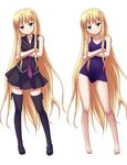  bangs bare_arms bare_legs barefoot black_legwear blonde_hair contrapposto crossed_arms dress dual_persona evangeline_a_k_mcdowell frown full_body green_eyes head_tilt long_hair mahou_sensei_negima! miniskirt necktie one-piece_swimsuit purple_school_swimsuit sailor_dress school_swimsuit shoes simple_background skirt sleeveless standing swimsuit thighhighs very_long_hair white_background yozo_(yozo2000) zettai_ryouiki 