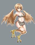  bandeau bare_shoulders blush breasts brown_eyes brown_hair e-kichi feathered_wings feathers harpy midriff miniskirt monster_girl navel original short_hair side_slit skirt small_breasts solo talons wings 