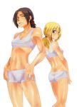  bad_id bad_pixiv_id black_hair blonde_hair christa_renz freckles hair_between_eyes komio_(do@ho) looking_back midriff multiple_girls ponytail shingeki_no_kyojin shiny shiny_skin short_hair sports_bra white_background ymir_(shingeki_no_kyojin) 