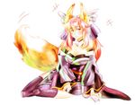  animal_ears arm_support bad_id bad_pixiv_id bare_shoulders blush breasts detached_collar detached_sleeves fang fate/extra fate_(series) fox_ears fox_tail hair_ribbon japanese_clothes kimono large_breasts pink_hair ribbon sitting smile solo tail tamamo_(fate)_(all) tamamo_no_mae_(fate) thighhighs tthal white_background yellow_eyes yokozuwari 