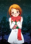  :d brown_eyes brown_hair glasses happy looking_at_viewer open_mouth pink-framed_eyewear precure red_scarf ribbon scarf shirabe_ako short_hair sky slowpit smile solo star_(sky) starry_sky suite_precure try 