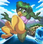  avian bare_legs butt clothed clothing female half-dressed in_air looking_at_viewer open_mouth river seththedragon shirt smile solo waterfall 