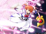  barrier blue_eyes bow bowtie brown_hair danmaku dress fingerless_gloves flying gloves greaves hair_ribbon holding long_skirt lyrical_nanoha magazine_(weapon) magic_circle magical_girl mahou_shoujo_lyrical_nanoha mahou_shoujo_lyrical_nanoha_a's octagram open_mouth raising_heart ribbon shoes short_hair short_twintails skirt solo star_of_lakshmi takamachi_nanoha takana twintails white_dress winged_shoes wings 