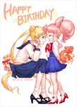  2girls arms_behind_back artist_name back_bow bishoujo_senshi_sailor_moon blonde_hair blue_eyes blue_sailor_collar border bow bowtie chibi_usa dated from_side full_body gift happy_birthday high_heels highres juuban_high_school_uniform long_hair multiple_girls pleated_skirt red_bow red_footwear sailor_collar school_uniform serafuku shabomu shoes sitting skirt socks tsukino_usagi twintails very_long_hair watermark web_address white_background white_legwear 