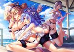  alfimi andy_h apron ass bikini blonde_hair blue_eyes blue_hair bow breast_grab breasts cameltoe cloud cloudy_sky cup day excellen_browning garters grabbing high_heels large_breasts maid_headdress multiple_girls nipples open_mouth panties ponytail red_eyes seolla_schweizer shoes sideboob silver_hair skirt skirt_pull sky super_robot_wars super_robot_wars_original_generation swimsuit tray twintails underwear wet yuri 