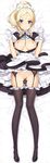  aqua_eyes ayase_eli bed_sheet black_legwear blonde_hair bow bowtie breasts breasts_outside dakimakura frills full_body garter_straps gloves legs light_smile long_legs looking_at_viewer love_live! love_live!_school_idol_project lying maid maid_headdress medium_breasts nipples no_bra no_panties on_back ooyari_ashito open_clothes ponytail pussy skirt skirt_lift solo thighhighs thighs white_gloves 