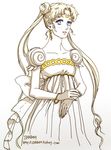  artist_name back_bow bad_id bad_pixiv_id bead_bracelet beads bishoujo_senshi_sailor_moon blue_eyes bow bracelet dress hair_bun jewelry long_hair parted_lips princess_serenity shabomu solo tsukino_usagi twintails watermark web_address white white_dress 