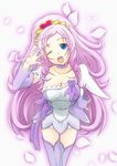  ;d arm_warmers asymmetrical_clothes blue_eyes breasts choker cleavage cosplay cure_sword cure_sword_(cosplay) detached_sleeves dokidoki!_precure dress fingerless_gloves gloves hair_ornament heart long_hair looking_at_viewer marie_ange medium_breasts one_eye_closed open_mouth pink_hair precure purple_choker purple_legwear purple_skirt ribbon simple_background skirt slowpit smile solo v white_background 