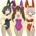  aki_akane animal_ears black_hair black_leotard bow bowtie breasts brown_eyes brown_hair bunny_ears bunnysuit cleavage detached_collar fake_animal_ears fishnet_pantyhose fishnets hat himekaidou_hatate inubashiri_momiji leotard long_hair medium_breasts multiple_girls open_mouth pantyhose pointy_ears purple_leotard red_eyes red_leotard shameimaru_aya short_hair silver_hair smile tokin_hat touhou twintails wolf_ears wrist_cuffs 