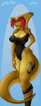  amber_eyes anthro big_breasts body_markings bodysuit breasts claws cleavage clothed clothing cobra facial_markings female green_body hair hand_on_hip leotard looking_at_viewer markings mastergodai ninja non-mammal_breasts pose red_hair reptile scalie short_hair skimpy skinsuit snake snake_hood solo standing thick_tail thick_thighs thighs tight_clothing upstairstudios voluptuous wide_hips yazmin_shahmir yellow_eyes 