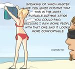  ass beach bikini blonde_hair blue_sky brown_hair comic day english facial_hair fate/apocrypha fate_(series) flat_ass flip-flops from_behind goatee holding_clothes mordred_(fate) mordred_(fate)_(all) red_bikini sandals shishigou_kairi short_ponytail shorts side-tie_bikini sky sunglasses swimsuit tusia 