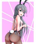  1girl ahoge animal_ears breasts bunny_ears bunny_girl bunny_tail bunnysuit female fishnets green_eyes long_hair monte nipples open_mouth pantyhose pink_background silver_hair solo tail wrist_cuffs 