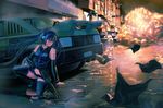  aqua_eyes car fire gun hatsune_miku headphones lasterk long_hair twintails underwear vocaloid weapon 