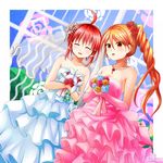  ahoge bare_shoulders blush bouquet bride dress drill_hair flower gloves jewelry long_hair multiple_girls necklace orange_eyes orange_hair original red_hair short_hair smile wedding_dress yoruhane_koori 