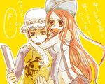  1girl eleven_supernova hug jewelry_bonney knife long_hair lowres one_piece orange_hair potato tora_kaede trafalgar_law translated 