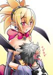  1girl blonde_hair blush bow breast_smother breasts detached_sleeves disgaea earrings hug jewelry kaeru_kenshi large_breasts makai_senki_disgaea_2 petting pointy_ears red_eyes rozalin taro_(disgaea) 