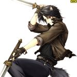  animal_ears artist_request copyright_request fingerless_gloves gloves male_focus omc red_eyes solo sword tail weapon 