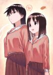  2girls a_(phrase) azumanga_daioh azumanga_daioh&#039;s_school_uniform black_hair closed_mouth commentary_request highres kasuga_ayumu kitaya long_hair long_sleeves looking_ahead multiple_girls open_mouth outdoors pink_background pink_shirt pleated_skirt sakaki_(azumanga_daioh) school_uniform shirt skirt speech_bubble winter_uniform 
